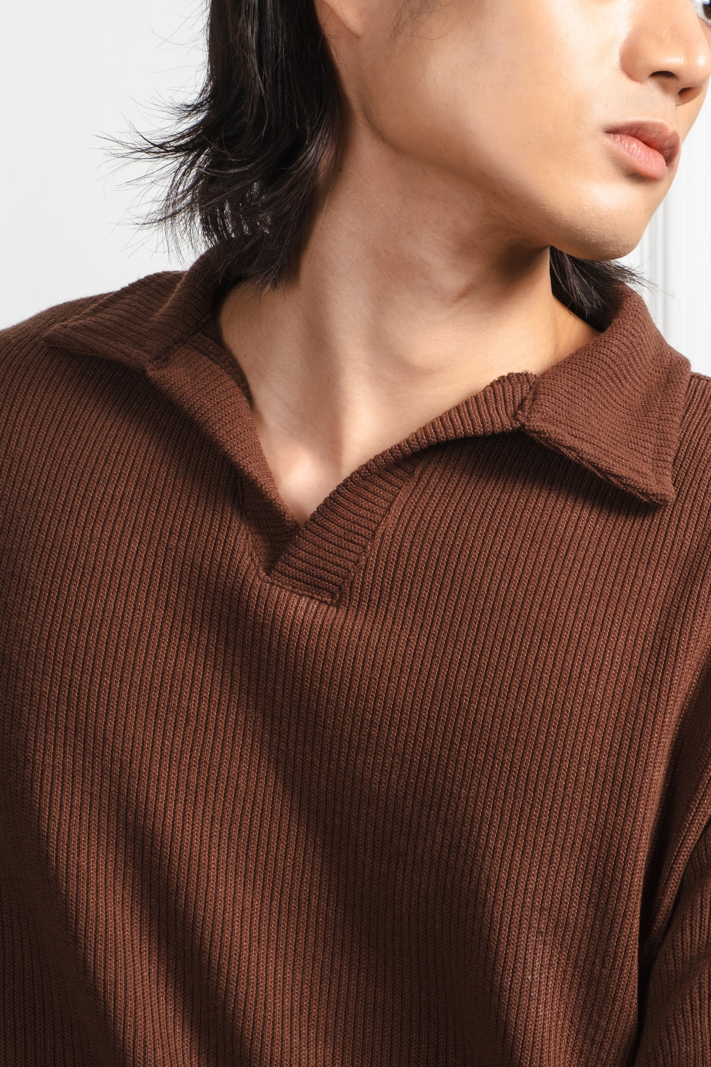Knitted Open Collar Polo Shirt - Cedar Brown