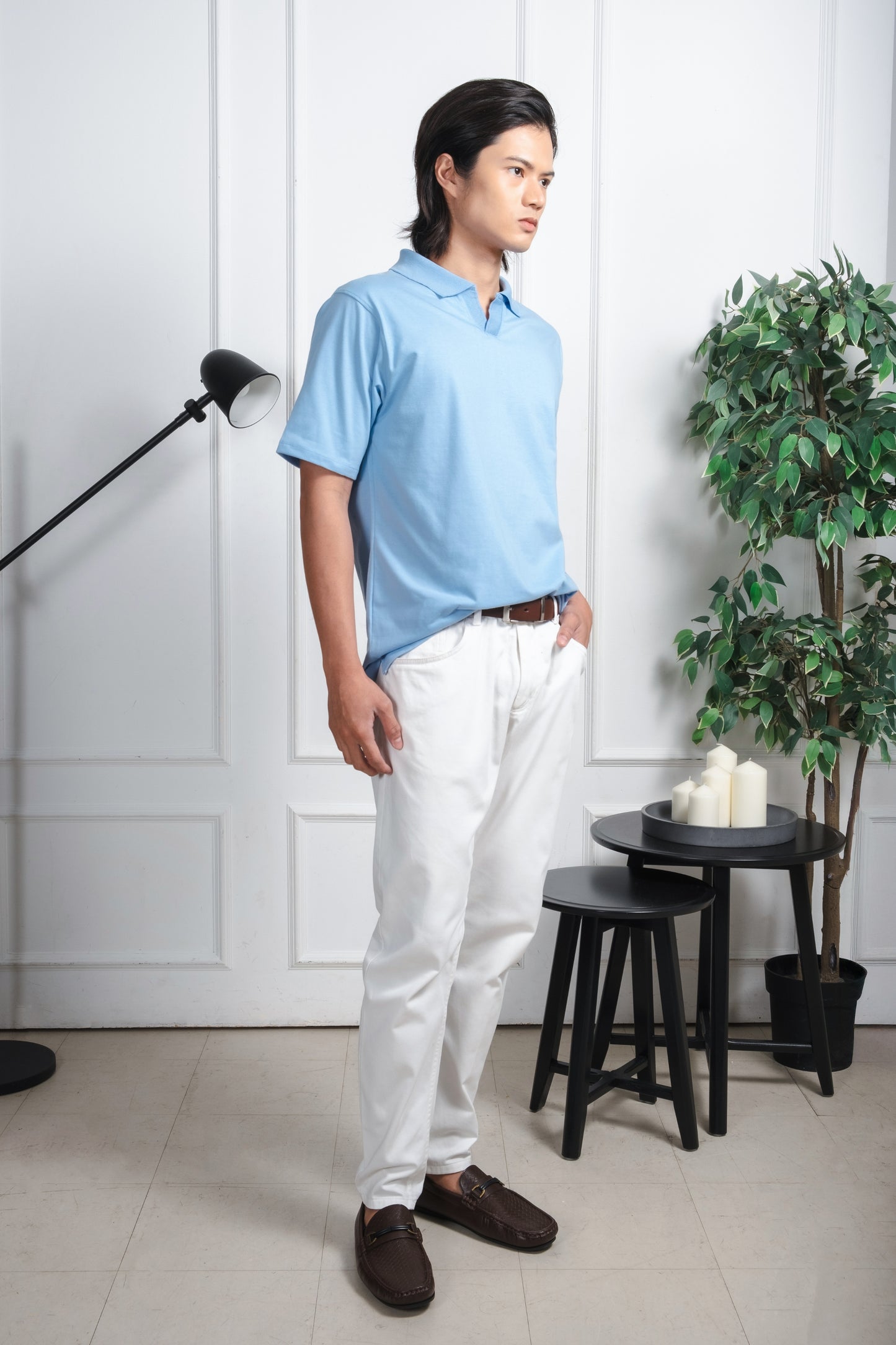 Relaxed V-Neck Polo Shirt - Powder Blue