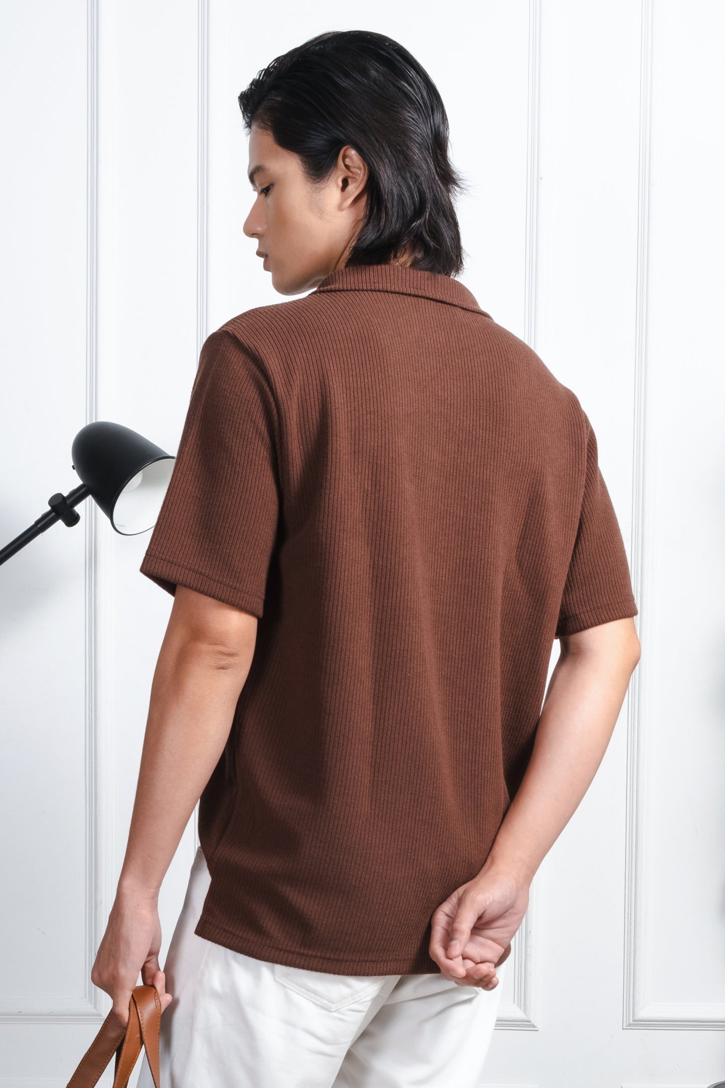 Knitted Open Collar Polo Shirt - Cedar Brown