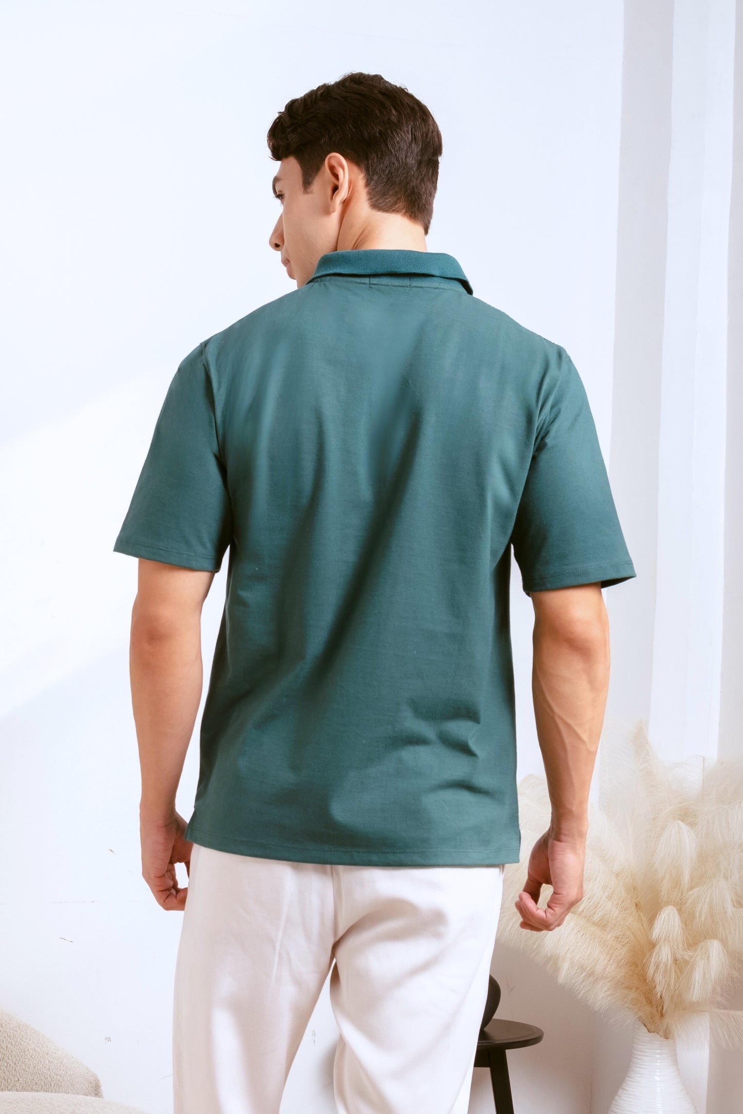 Cotton V-Neck Polo Shirt - British Racing Green