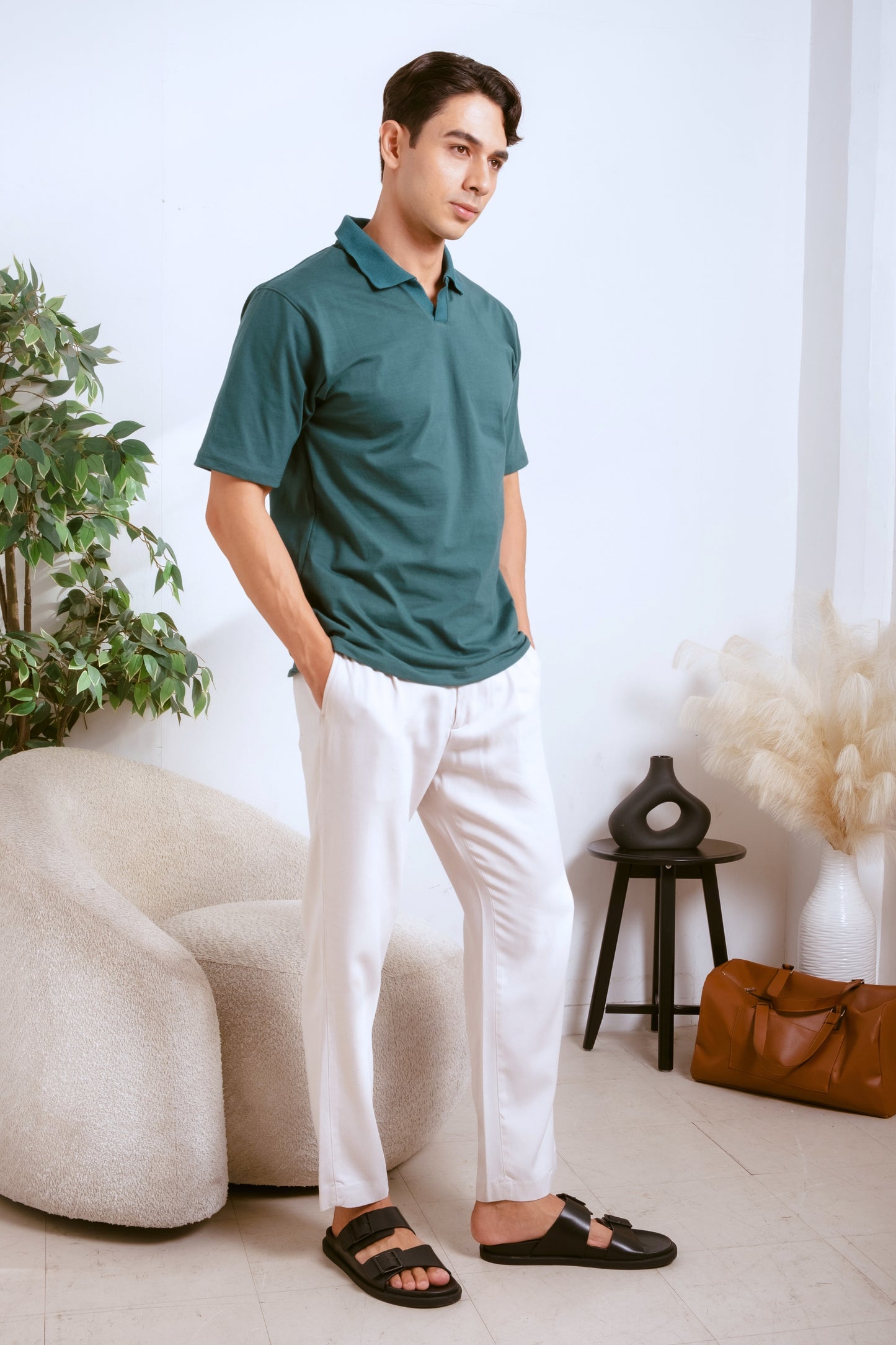 Relaxed V-Neck Polo Shirt - British Racing Green