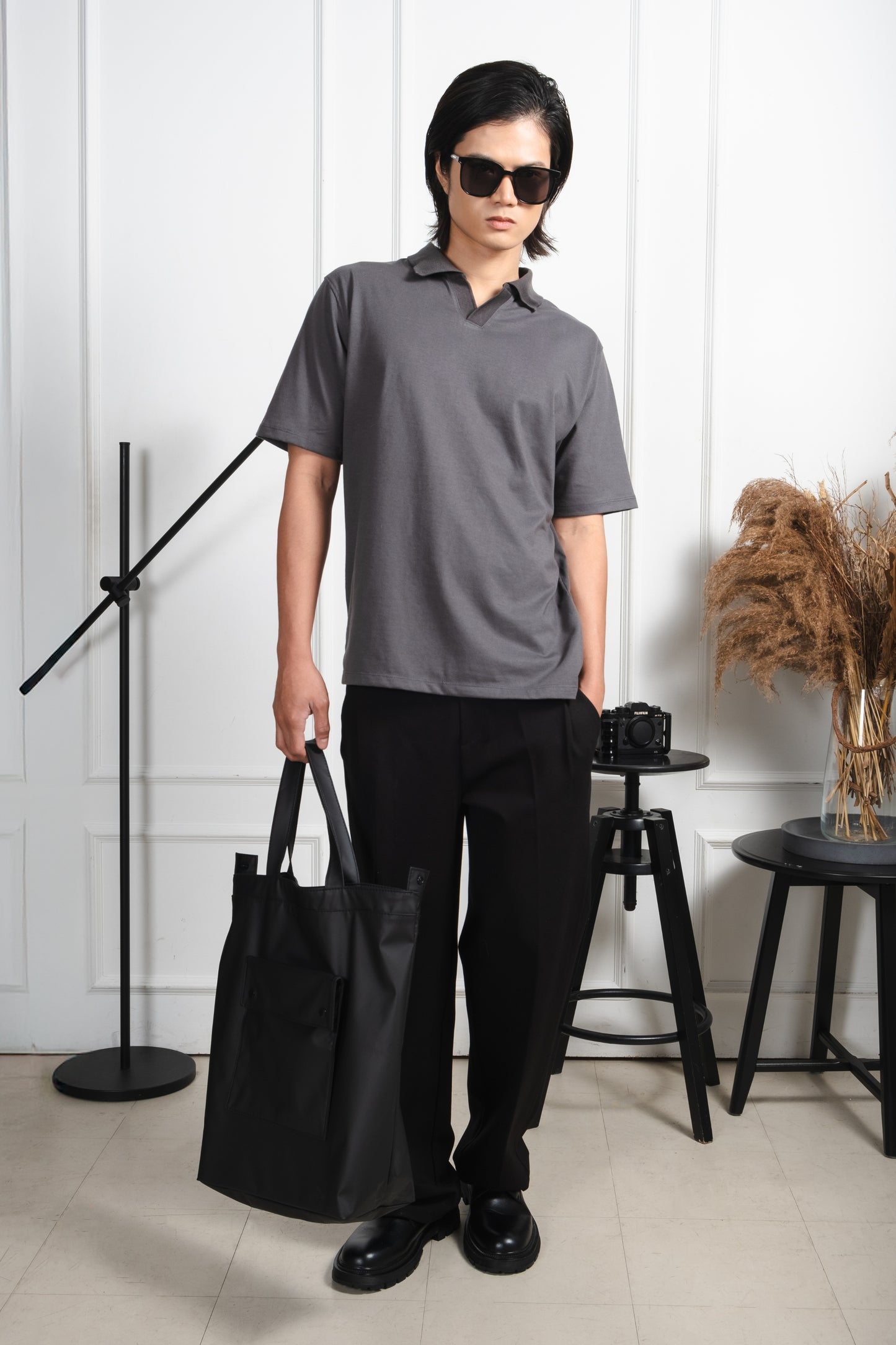 Cotton V-Neck Polo Shirt - Dark Gray