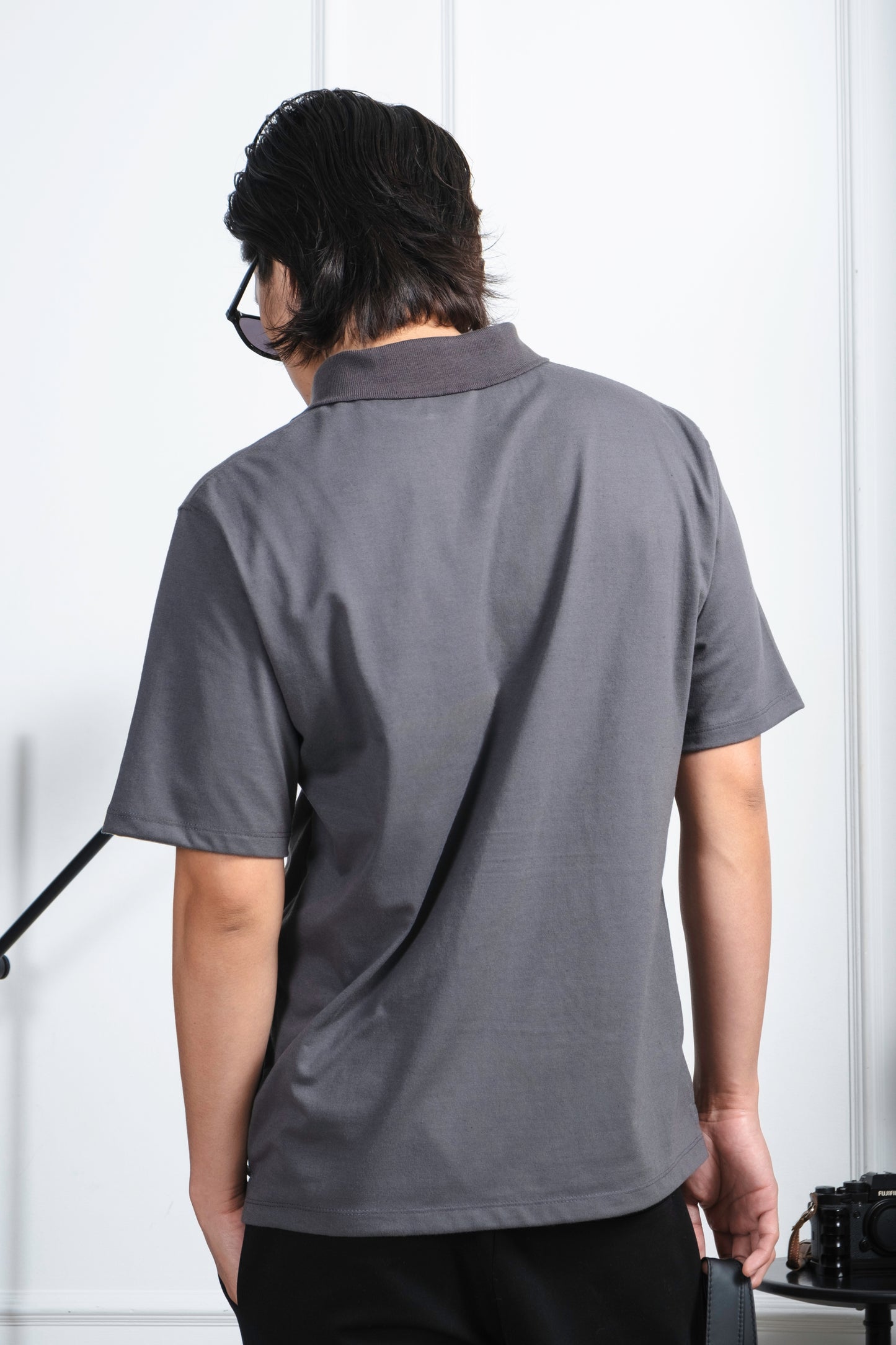 Cotton V-Neck Polo Shirt - Dark Gray
