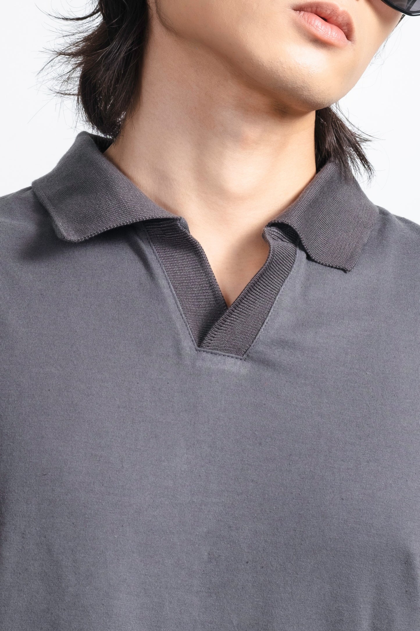 Relaxed V-Neck Polo Shirt - Dark Gray