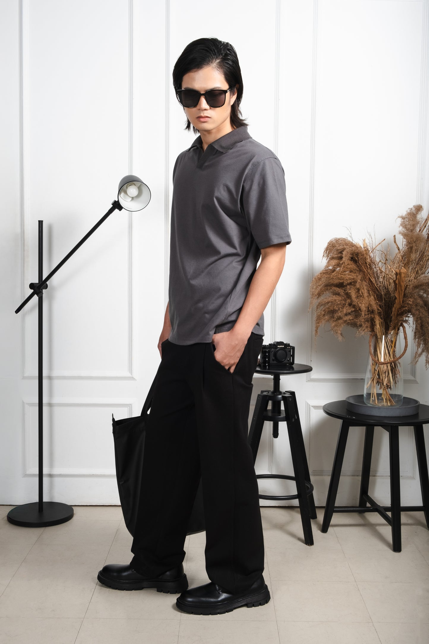 Relaxed V-Neck Polo Shirt - Dark Gray