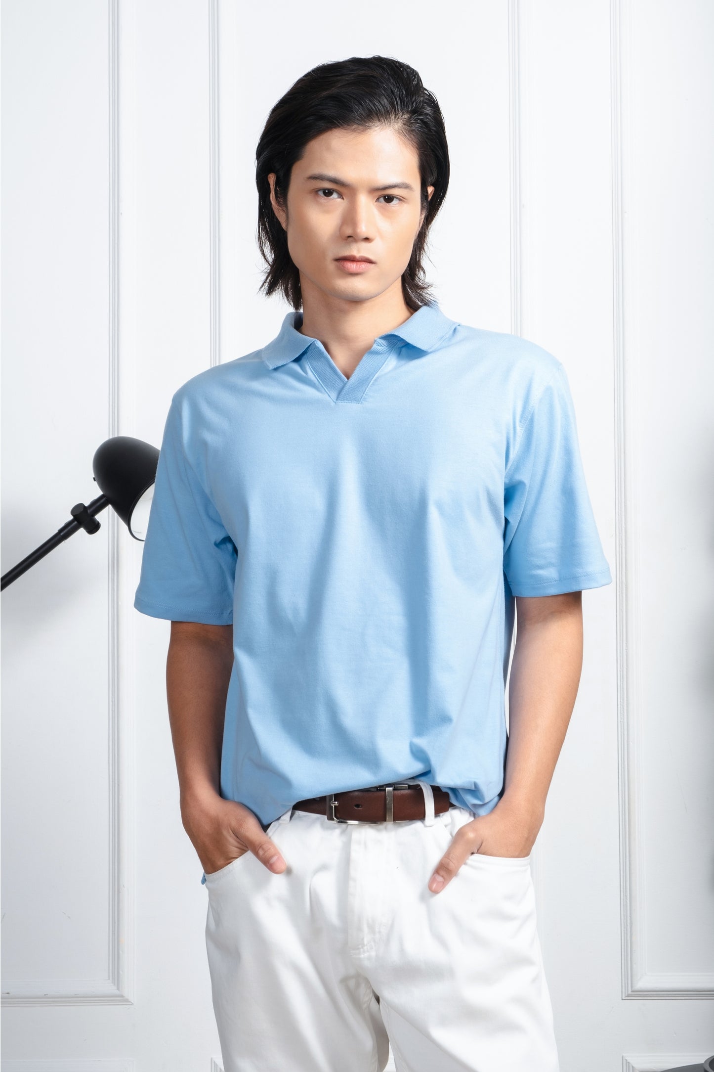 Relaxed V-Neck Polo Shirt - Powder Blue