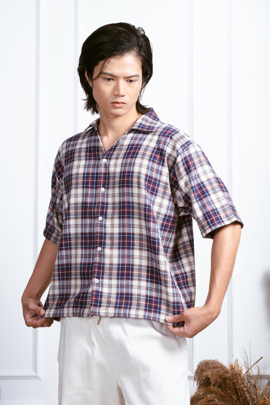 Vintage Boxy Cropped Shirt - White/D.Blue/Red