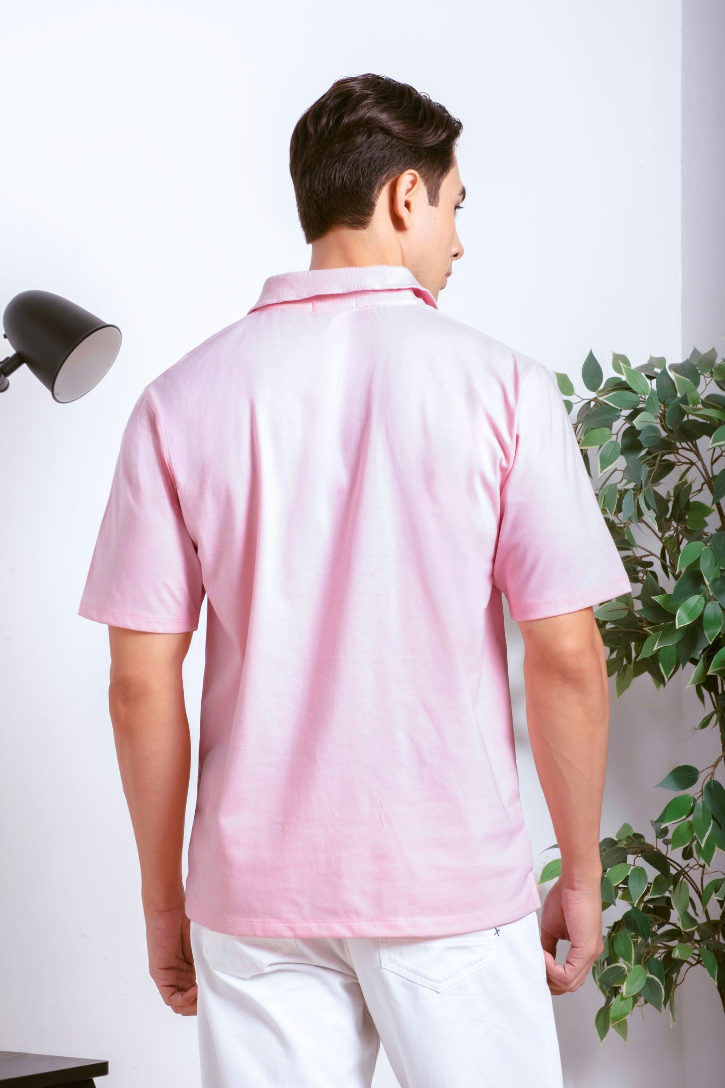 Relaxed V-Neck Polo Shirt - Light Pink