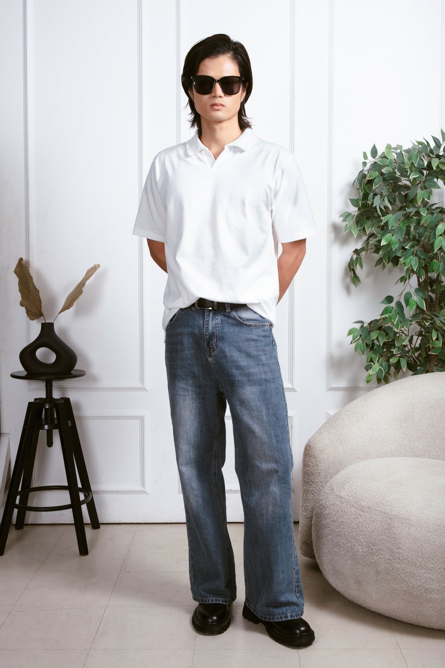 Relaxed V-Neck Polo Shirt - White