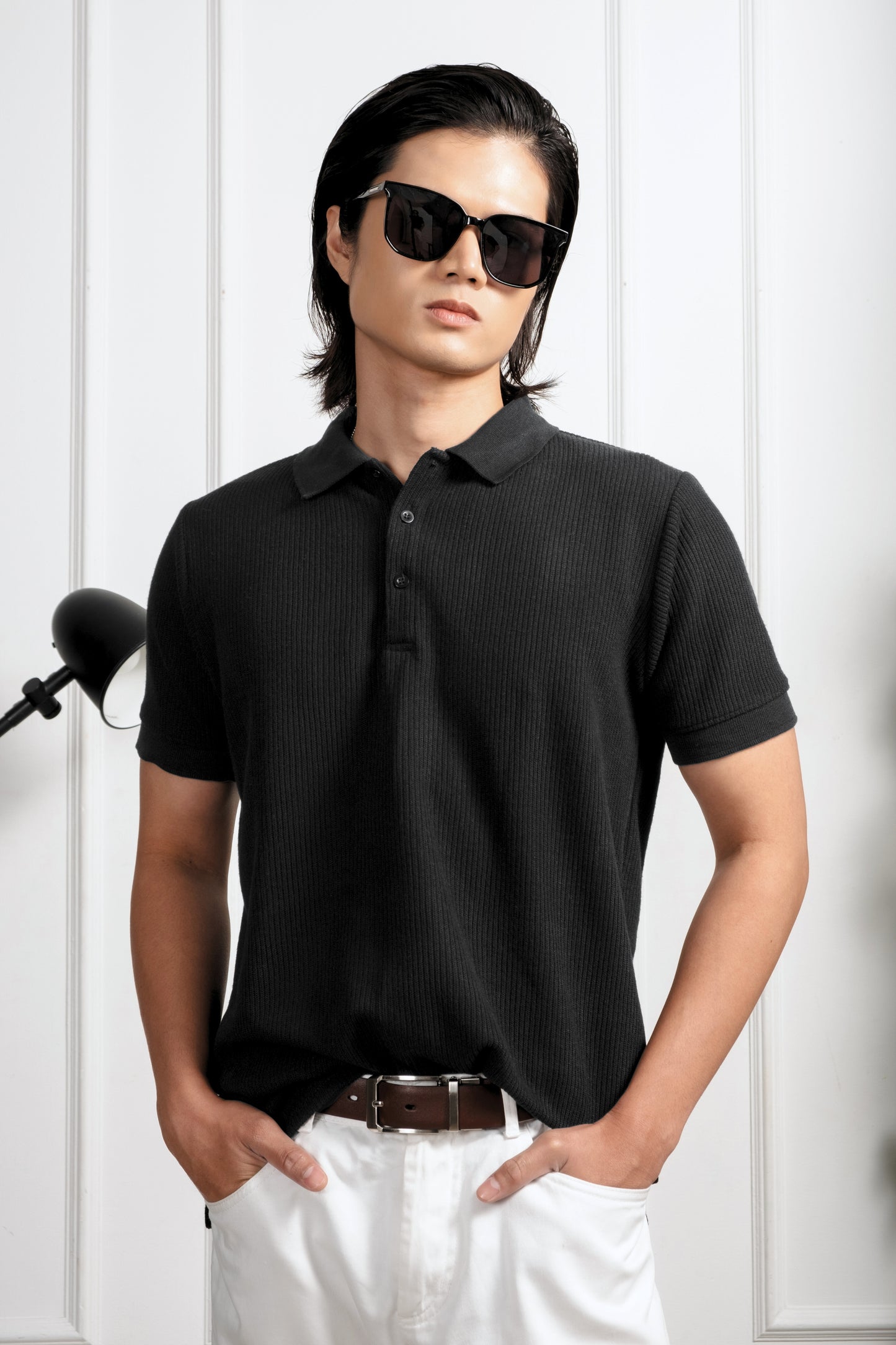 Slim-Fit Knitted Polo Shirt - Black