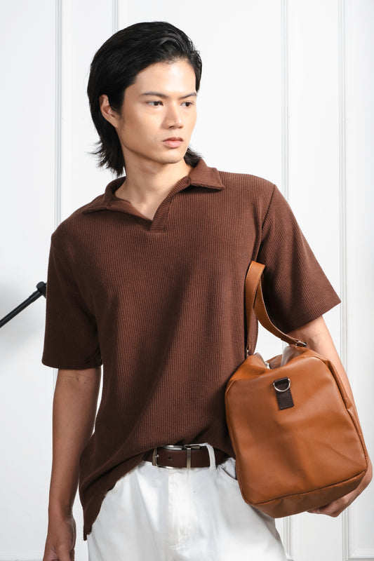 Knitted Open Collar Polo Shirt - Cedar Brown