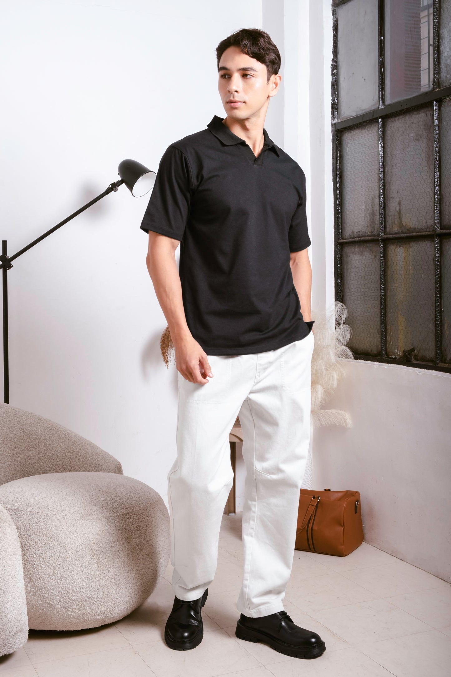 Relaxed V-Neck Polo Shirt - Black