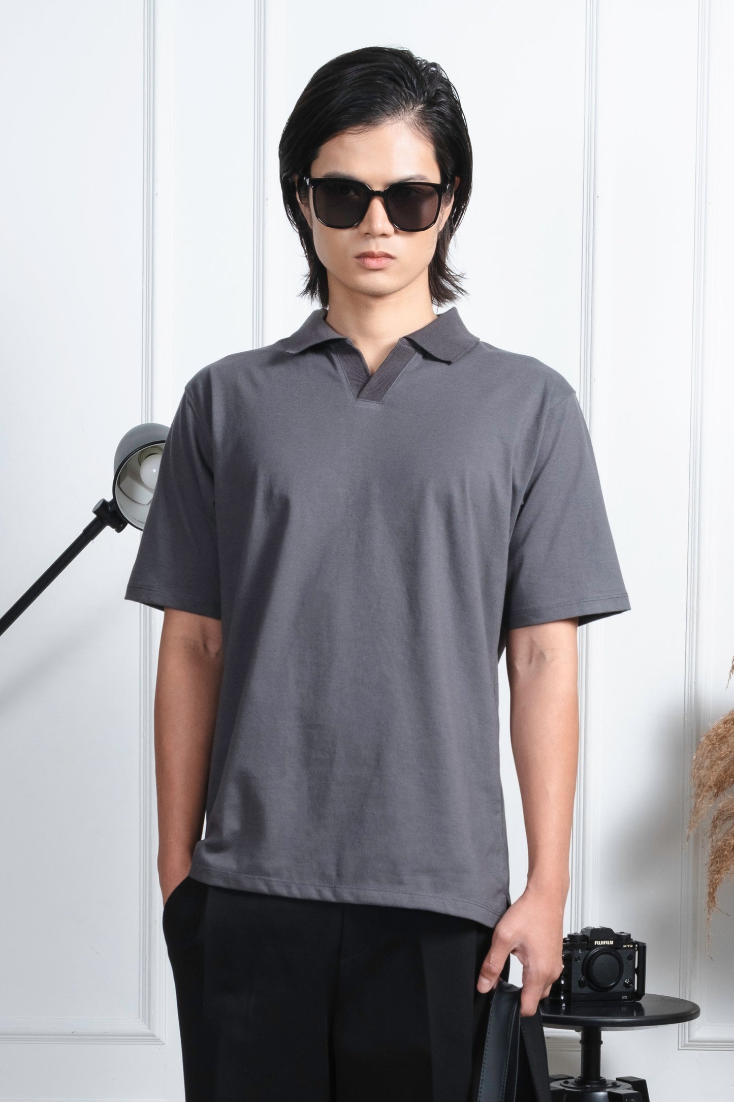 Cotton V-Neck Polo Shirt - Dark Gray