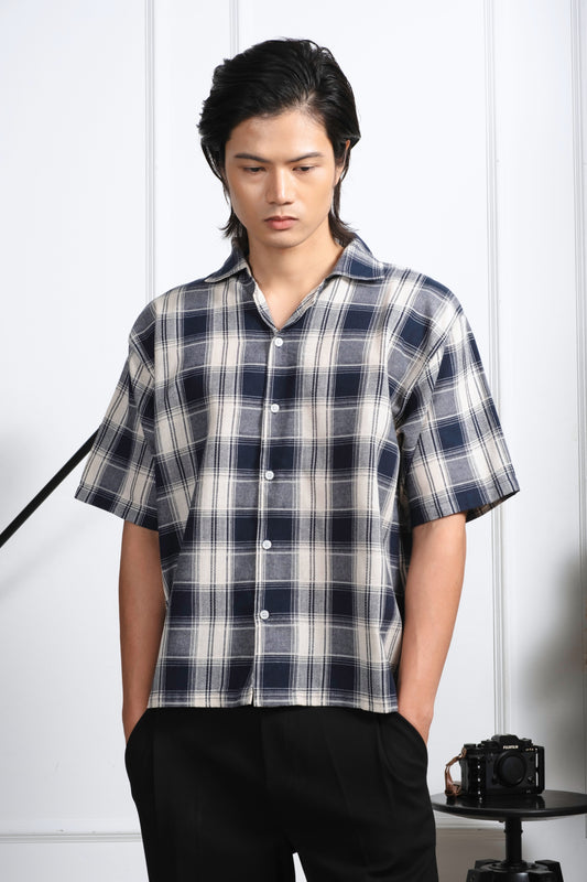 Vintage Boxy Cropped Shirt - Off White/D.Blue