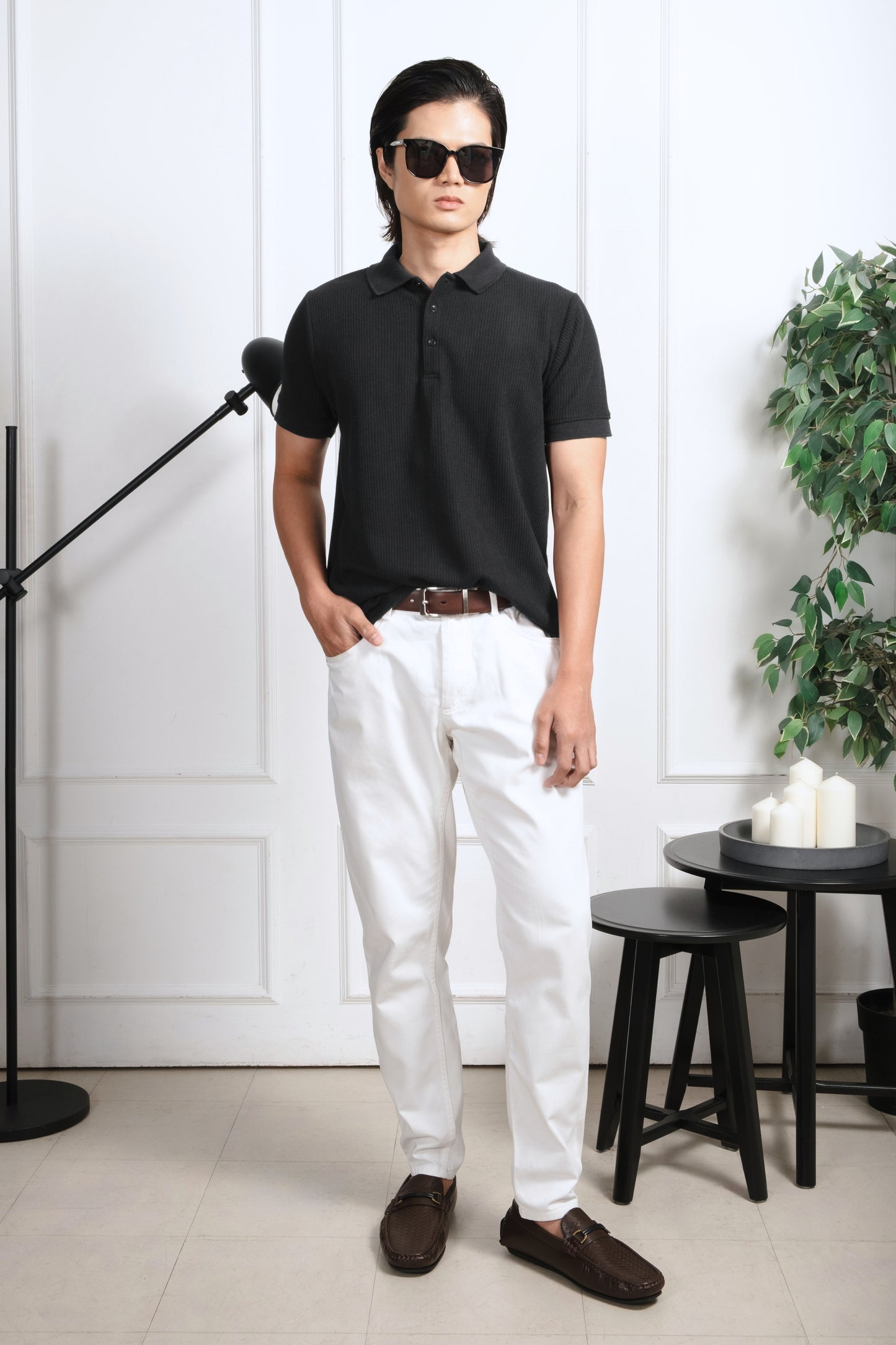 Slim-Fit Knitted Polo Shirt - Black