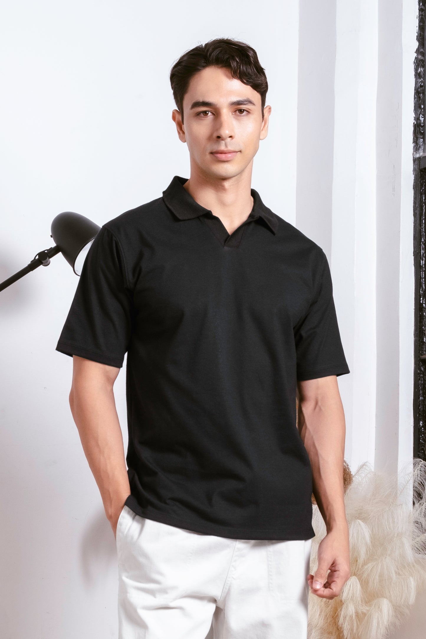 Relaxed V-Neck Polo Shirt - Black