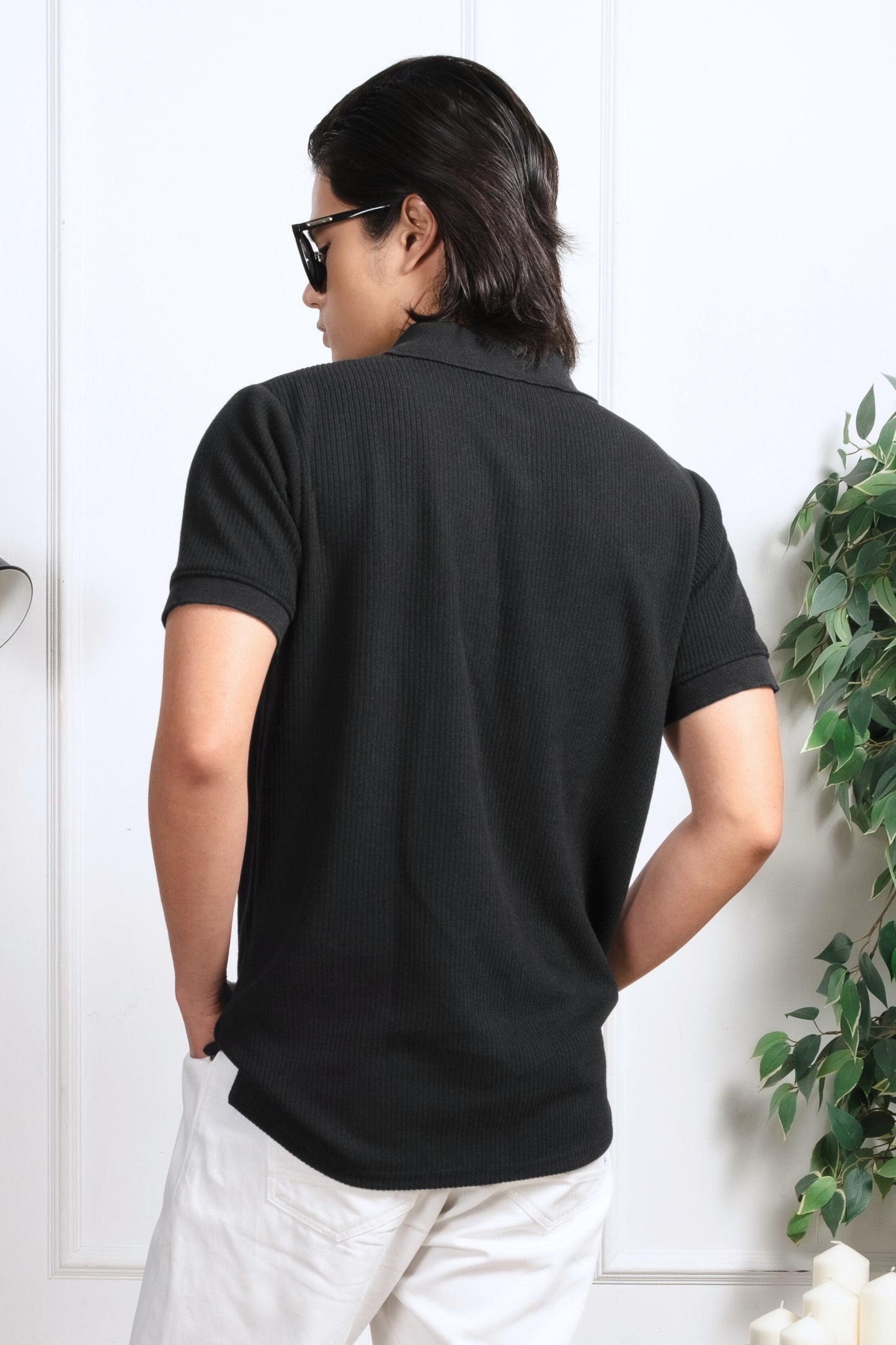 Slim-Fit Knitted Polo Shirt - Black