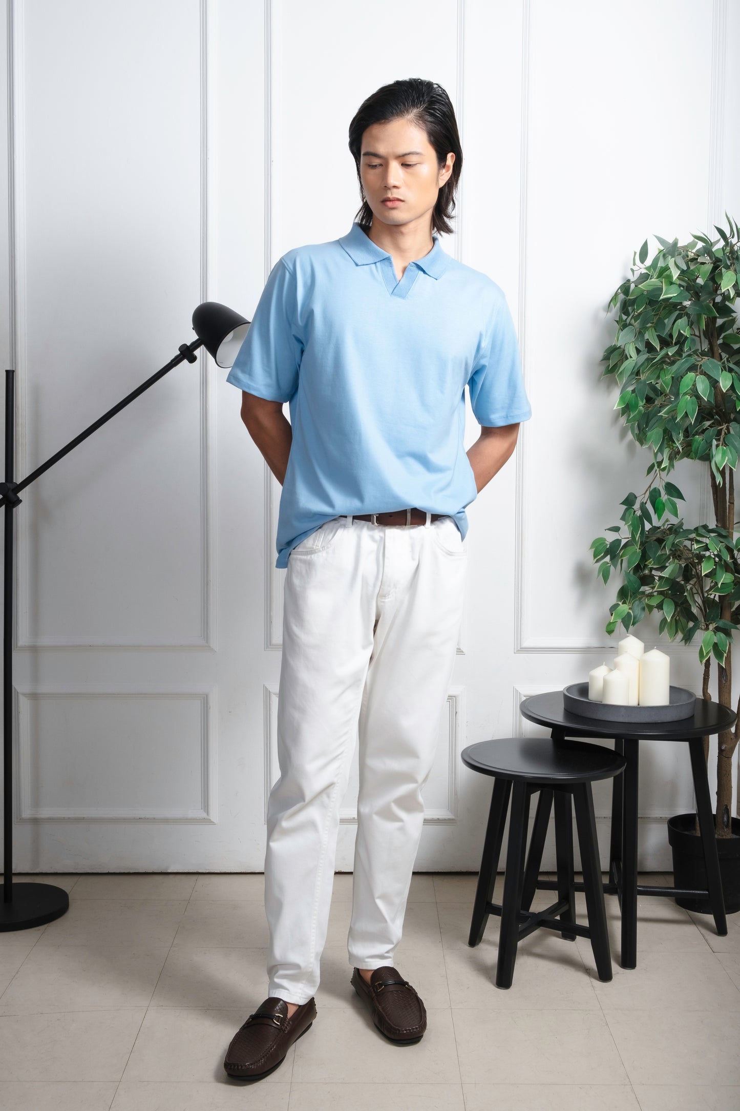 Relaxed V-Neck Polo Shirt - Powder Blue