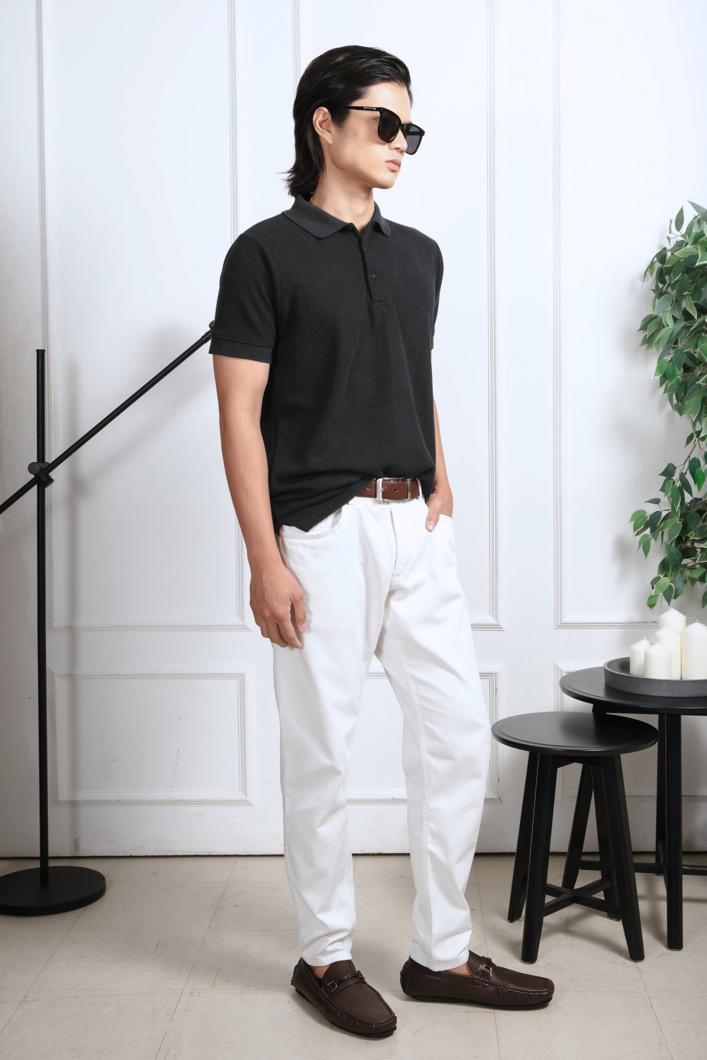 Slim-Fit Knitted Polo Shirt - Black