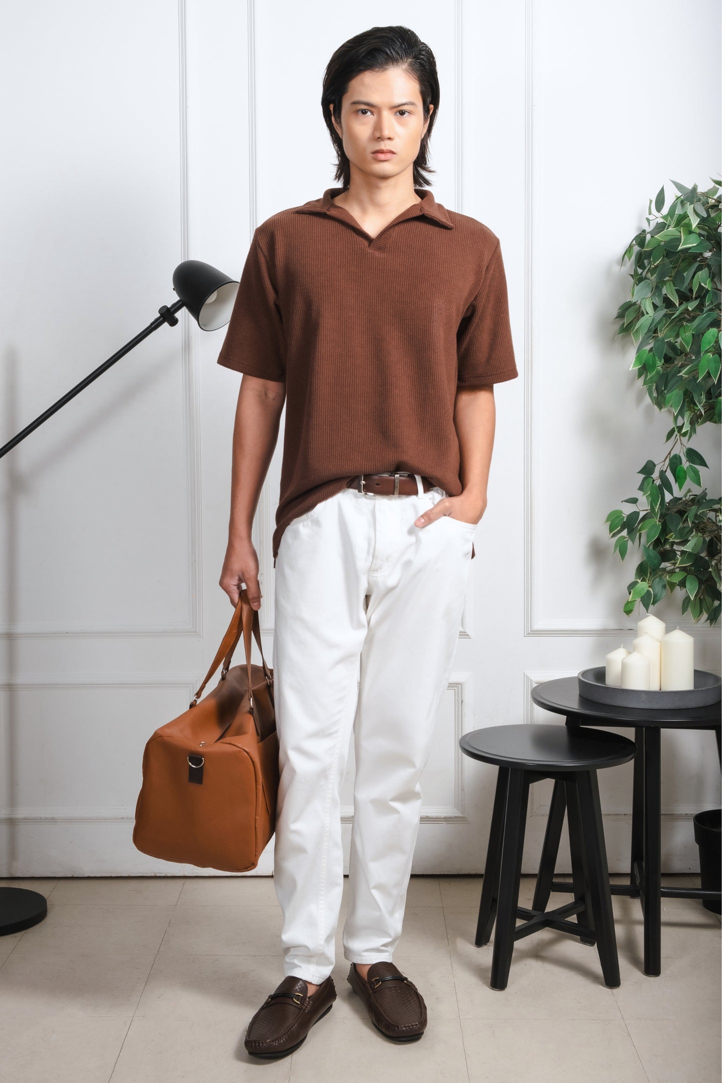 Knitted Open Collar Polo Shirt - Cedar Brown