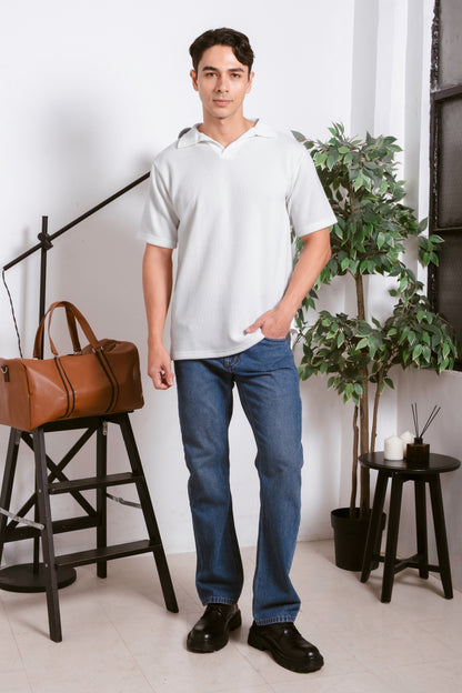 Knitted Open Collar Polo Shirt - Classic White