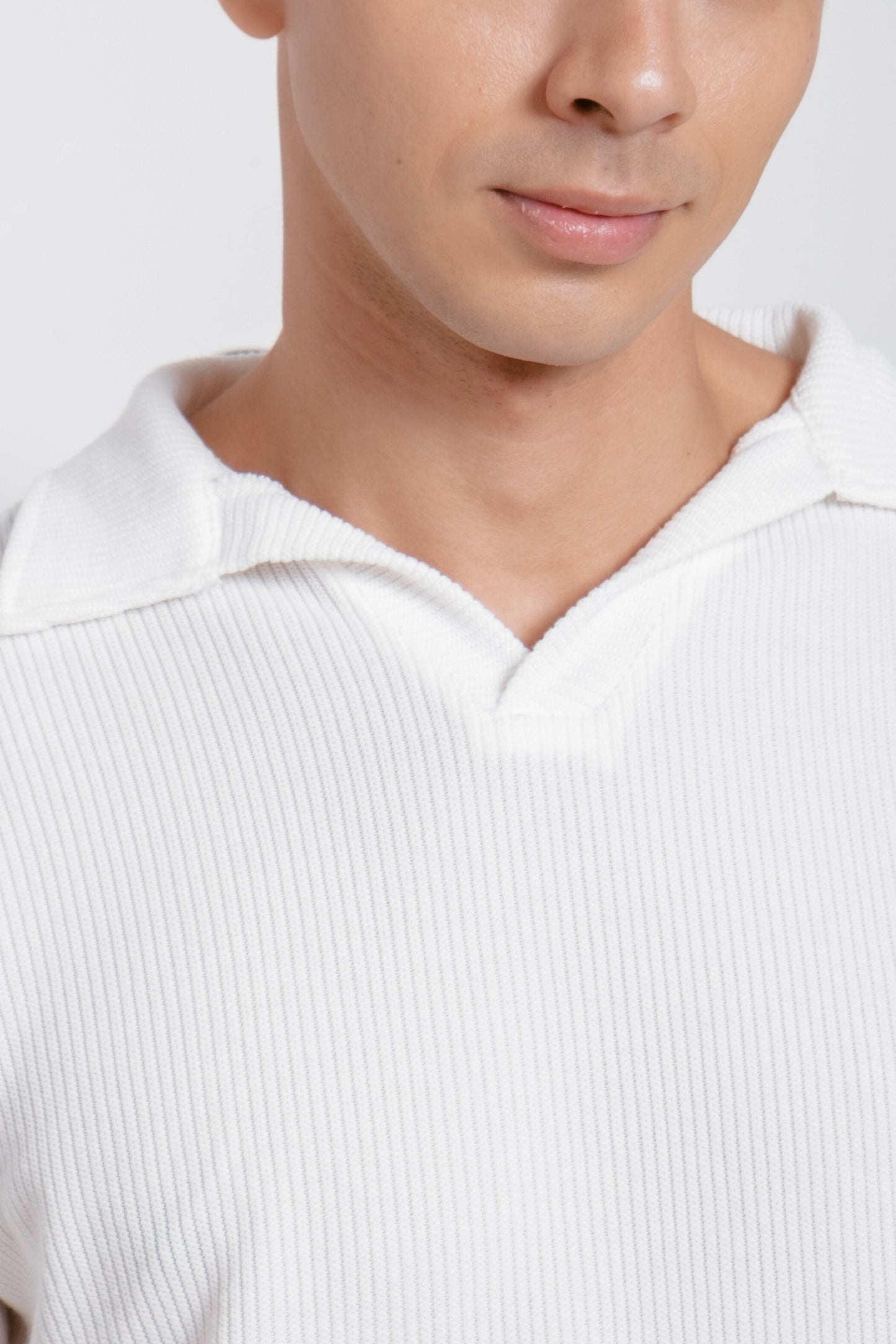 Knitted Open Collar Polo Shirt - Classic White