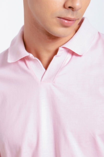 Relaxed V-Neck Polo Shirt - Light Pink