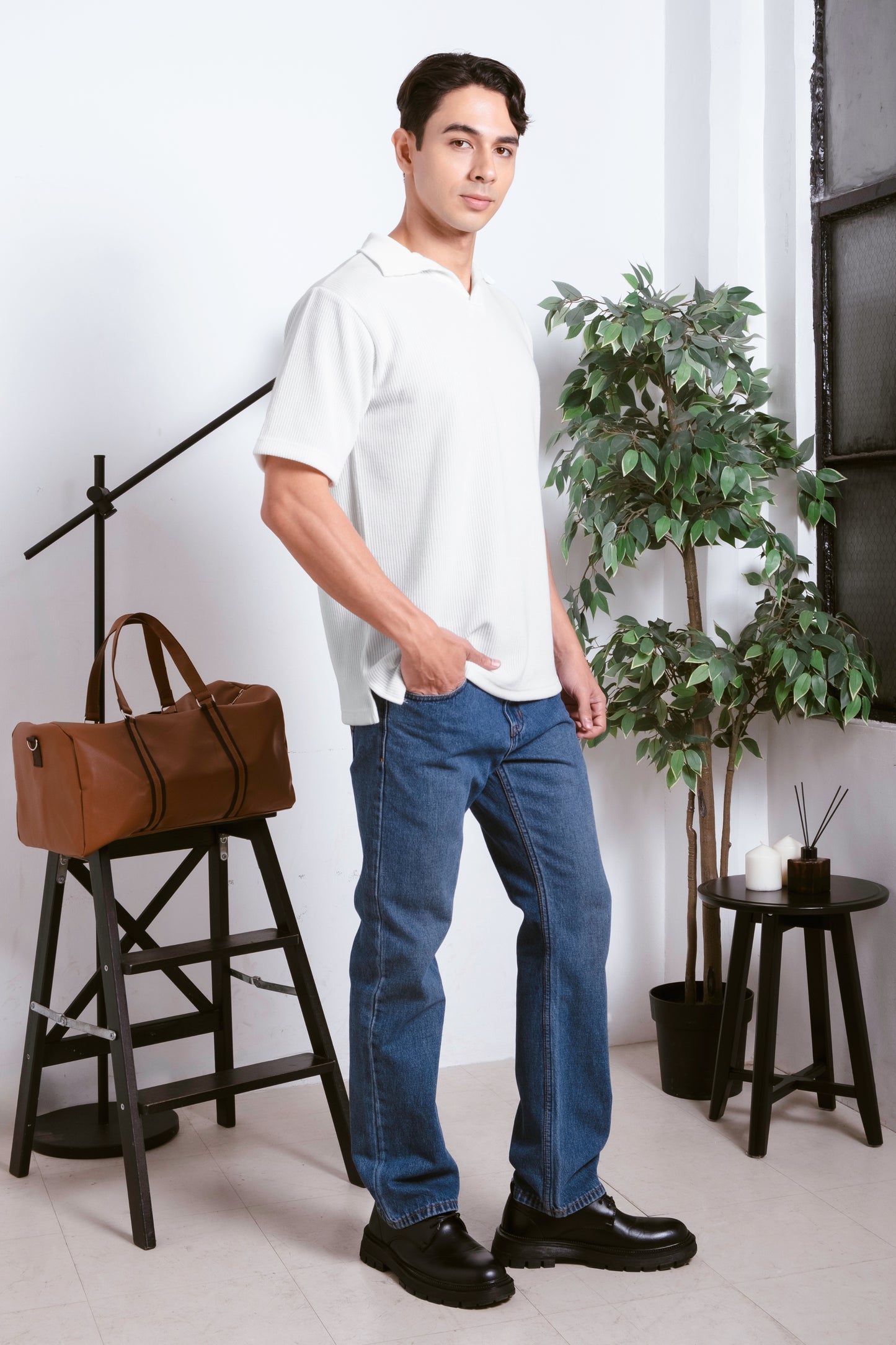 Knitted Open Collar Polo Shirt - Classic White