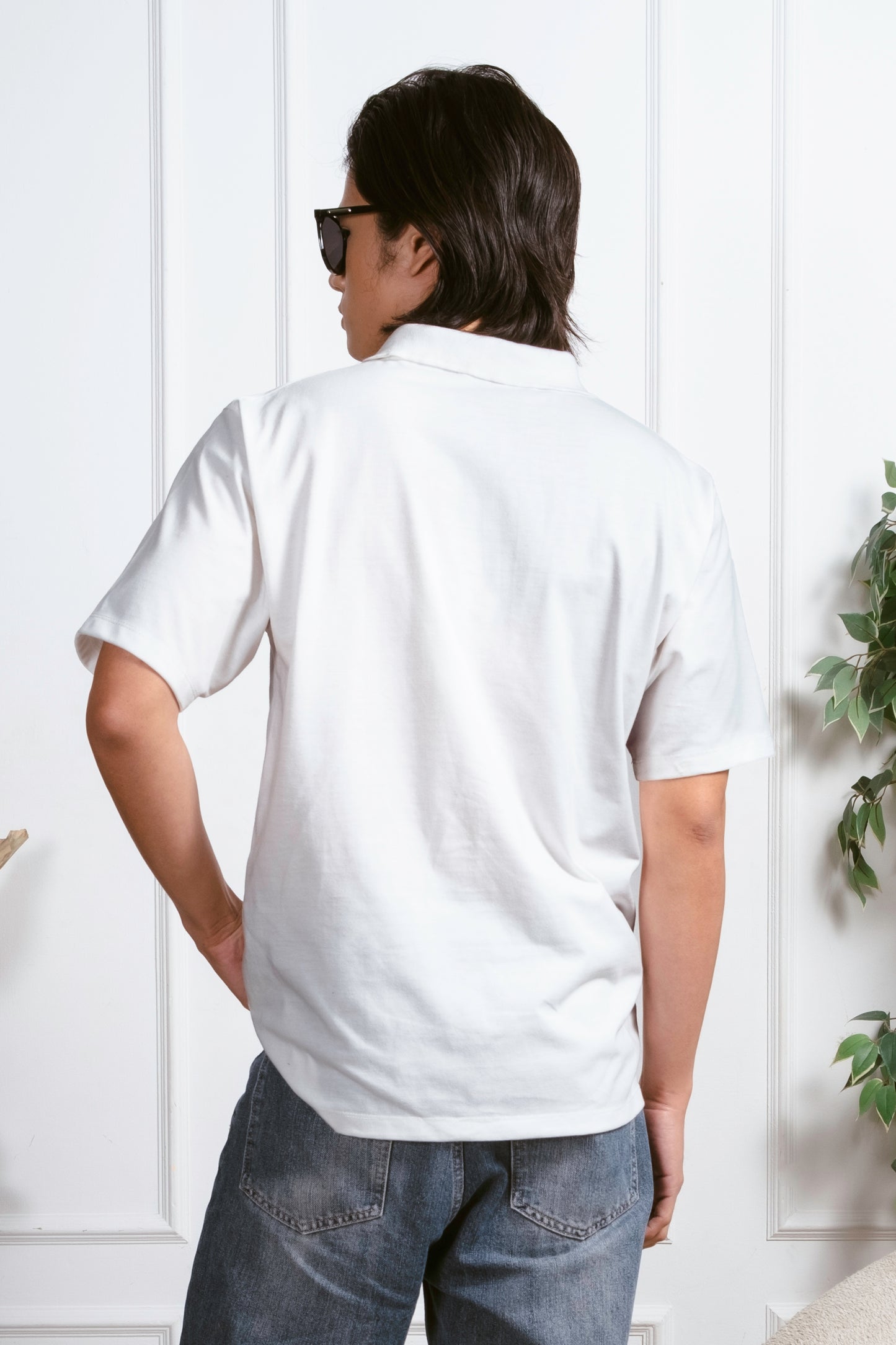 Cotton V-Neck Polo Shirt - White