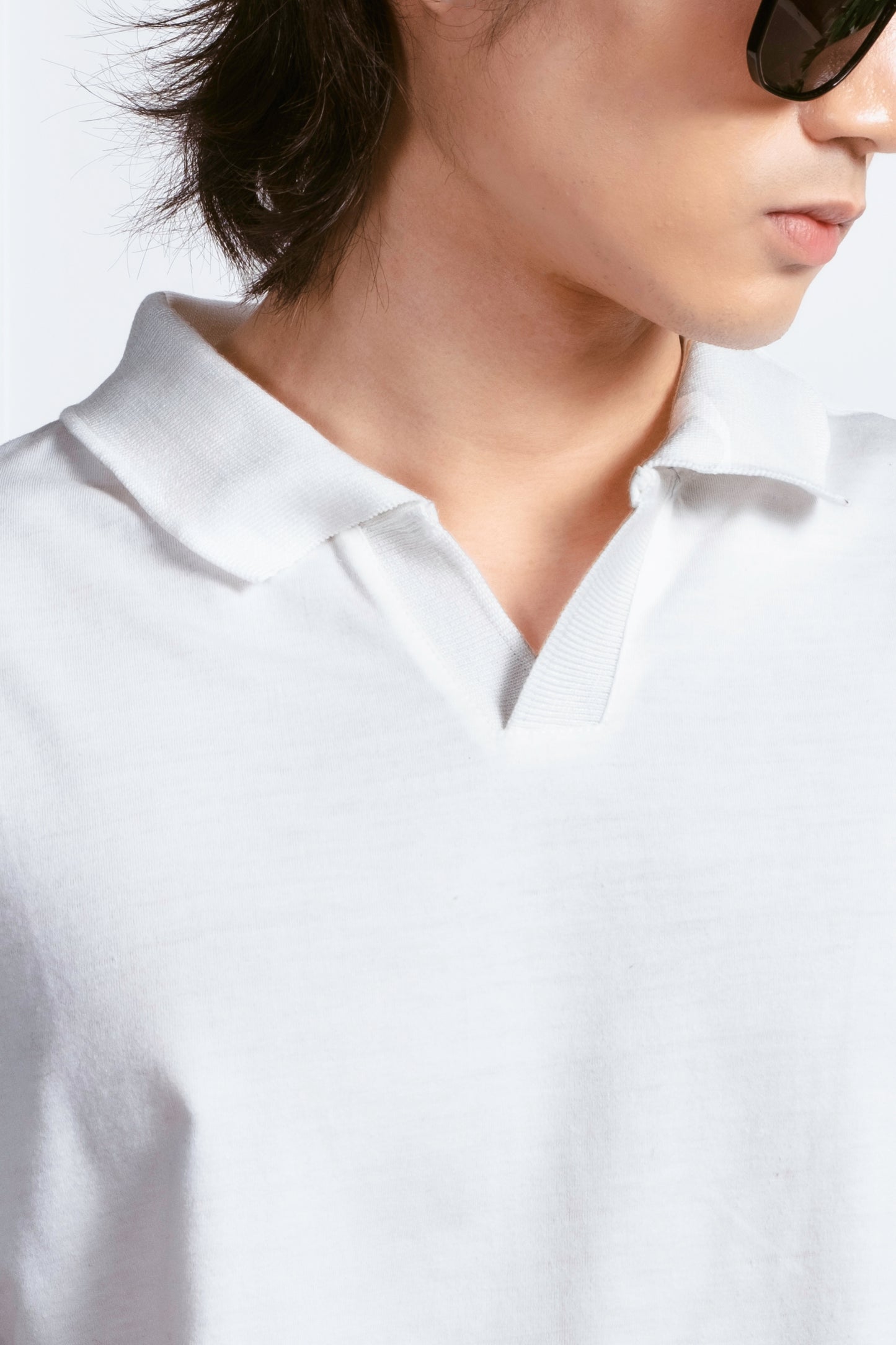 Cotton V-Neck Polo Shirt - White