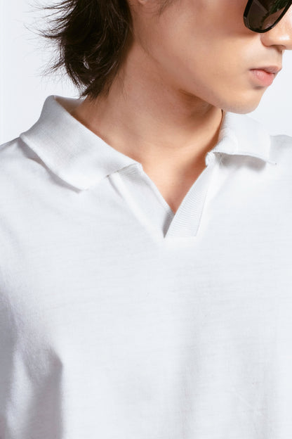 Cotton V-Neck Polo Shirt - White