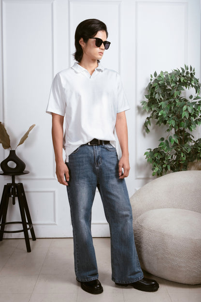 Cotton V-Neck Polo Shirt - White