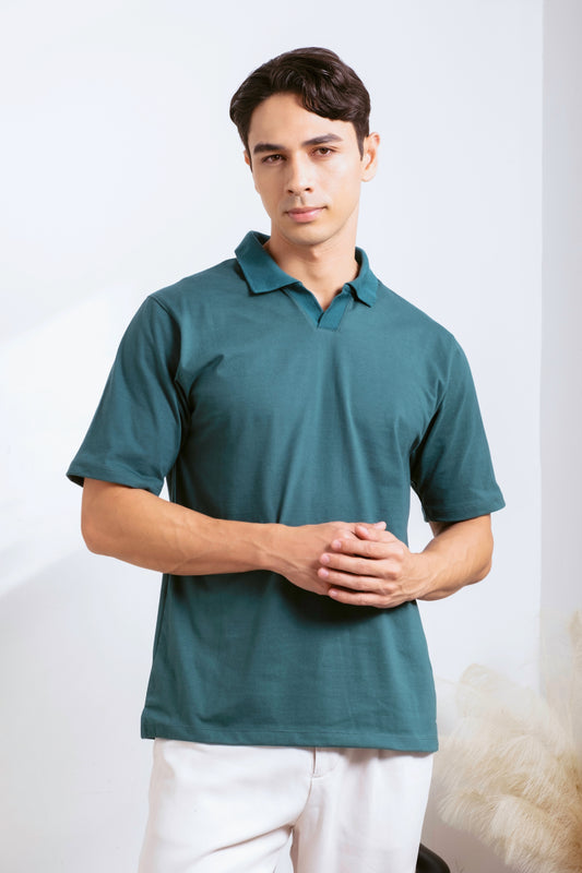 Cotton V-Neck Polo Shirt - British Racing Green