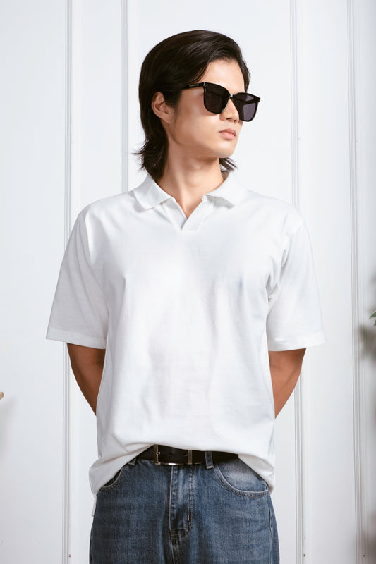 Cotton V-Neck Polo Shirt - White