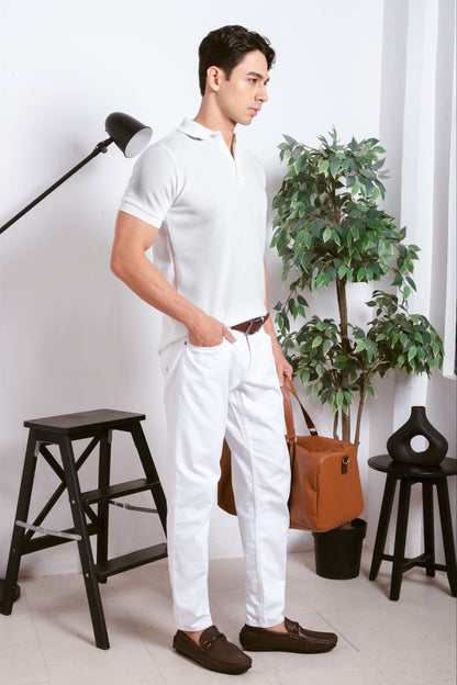 Slim-Fit Knitted Polo Shirt - Classic White [SKP08]